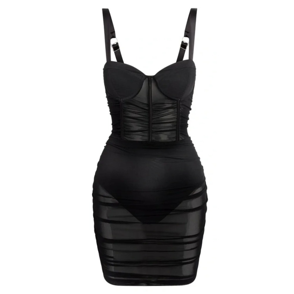 LEAU Dress XS Black Miami Mesh Corset Ruched Mini Sheer Bodycon Night Out LBD